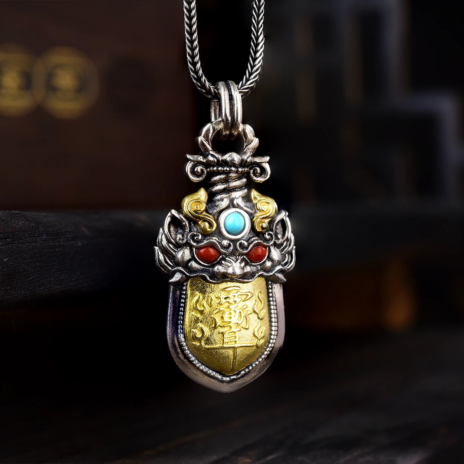 Pixiu Guardian pendant front view — handcrafted Pixiu charm with Daoist seal inscription motifs — DAO Chant