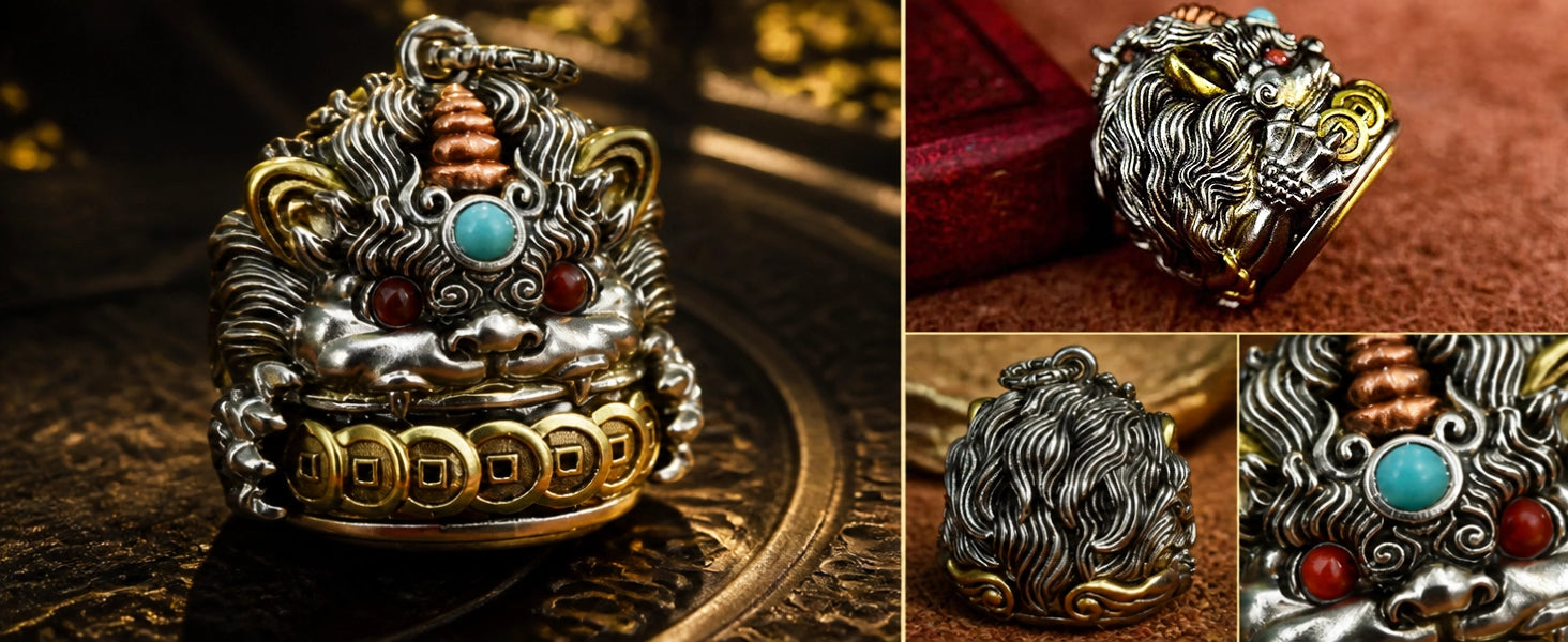 Pixiu Wealth Guardian pendant close-up — stone inlay accents and enamel finish detail — DAO Chant