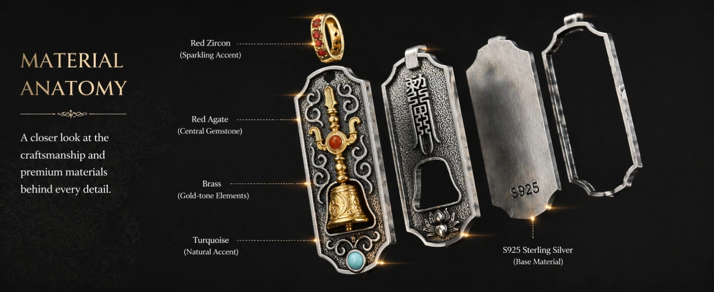 Sanqing Bell pendant side detail — layered relief carving and aged black finish — DAO Chant