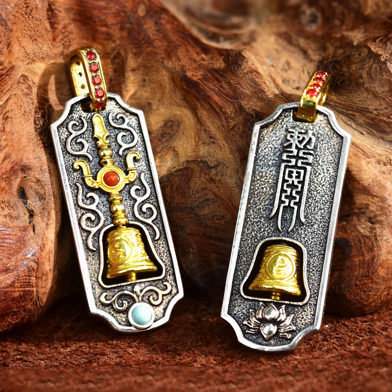 Sanqing Bell pendant front view — handcrafted bell charm with lotus motif and aged finish — DAO Chant