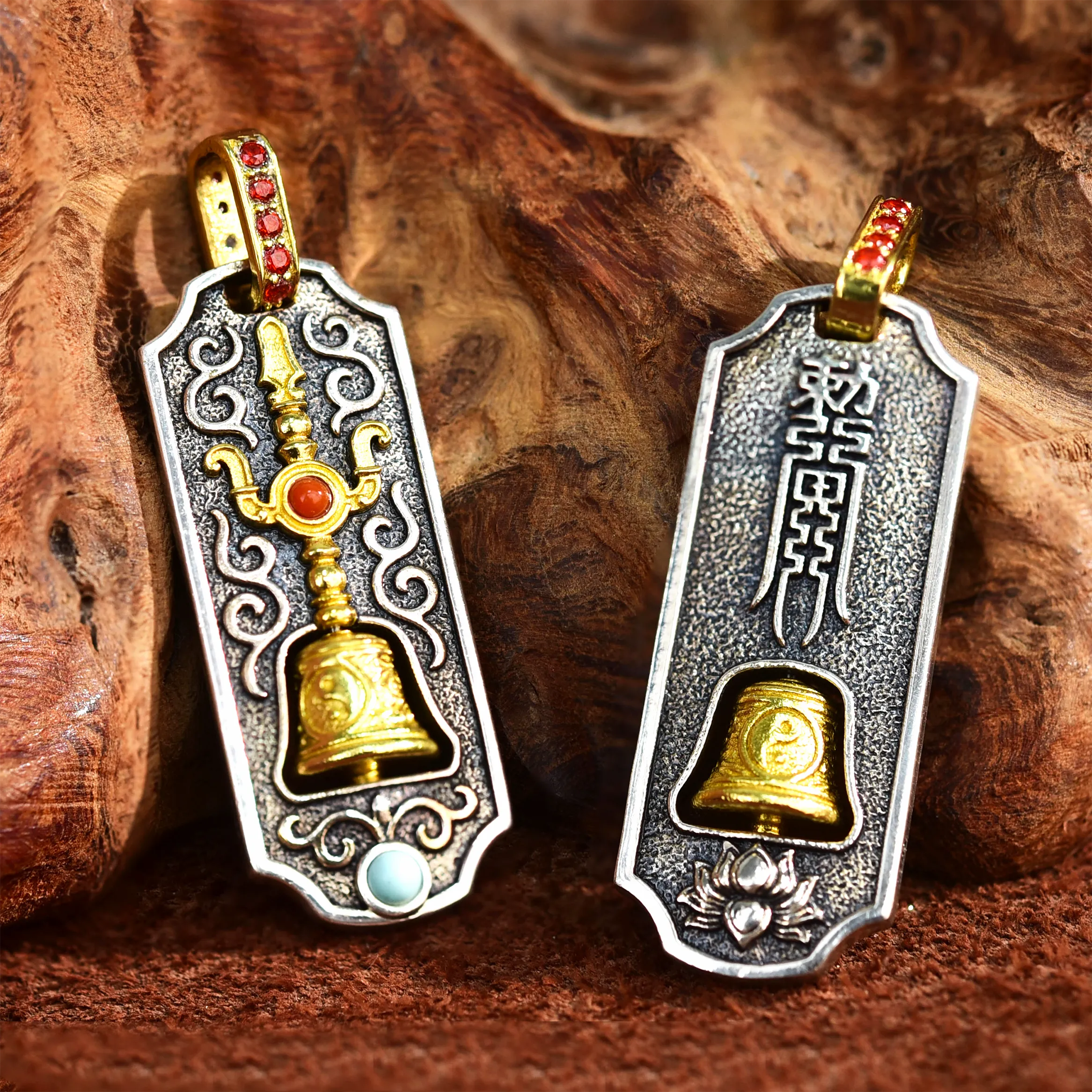 Sanqing Bell pendant front view — handcrafted bell charm with lotus motif and aged finish — DAO Chant