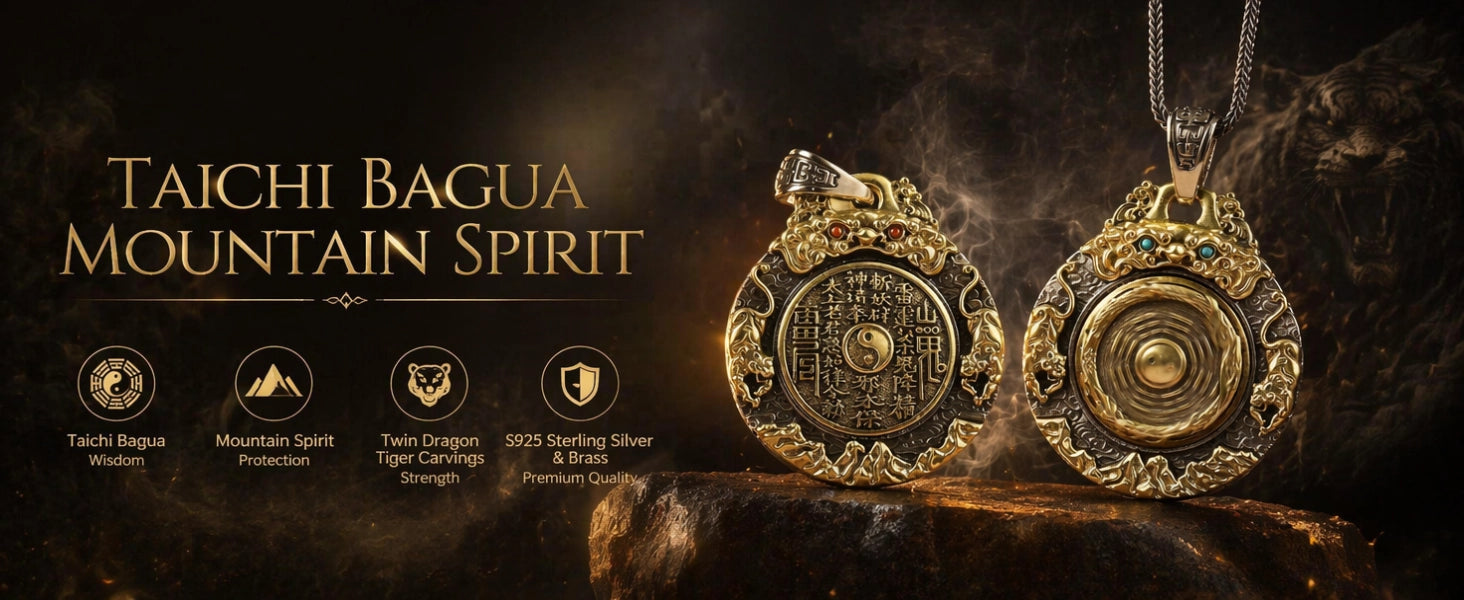 Taichi Bagua Mountain Spirit pendant detail — high-relief tiger carvings and auspicious cloud motifs — DAO Chant