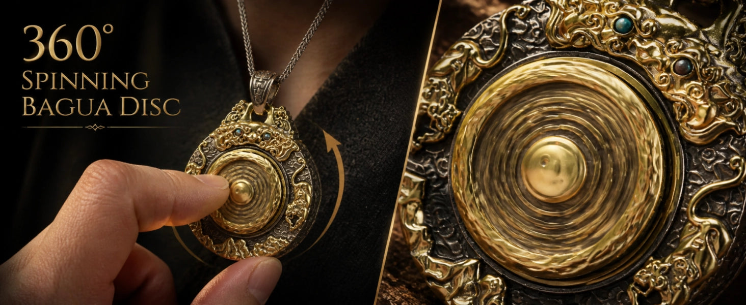 Taichi Bagua coin pendant close-up detail — handcrafted enamel black finish and stone accent inlays — DAO Chant
