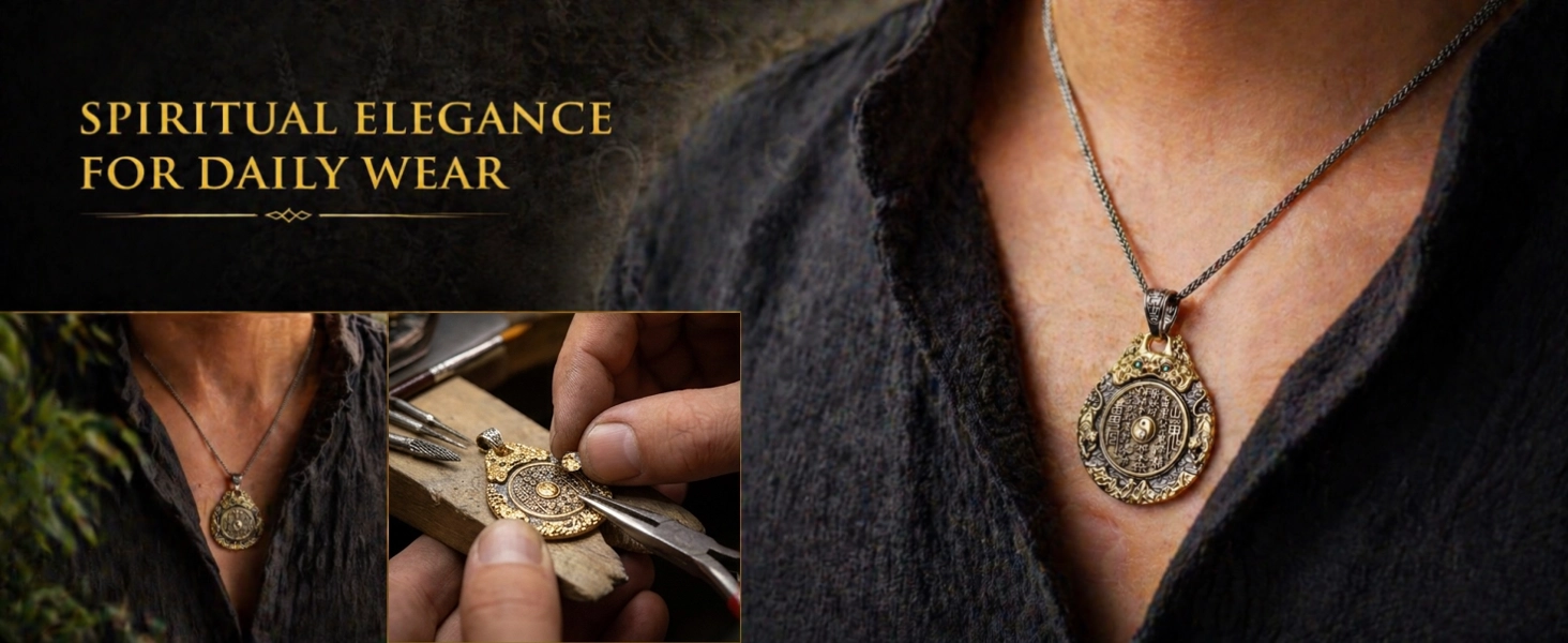 Taichi Bagua Mountain Spirit pendant in brass finish — warm gold-tone with aged patina — DAO Chant