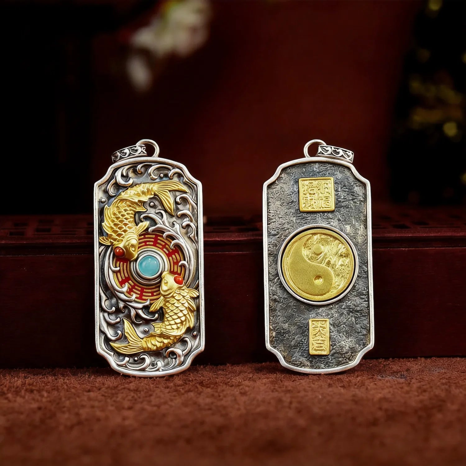 Taichi Twin Koi pendant front view — handcrafted spinning Bagua charm with twin koi fish motifs — DAO Chant