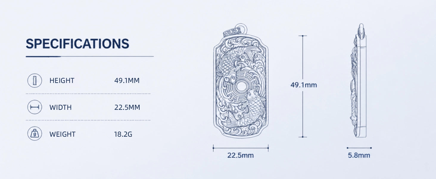 Taichi Twin Koi pendant size chart — dimensions and scale reference — DAO Chant