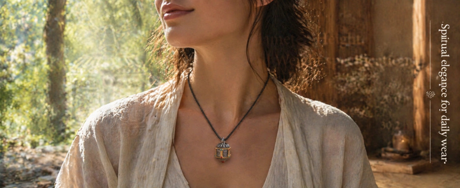  Ten Auspicious Symbols pendant in brass finish — warm gold-tone with aged patina — DAO Chant