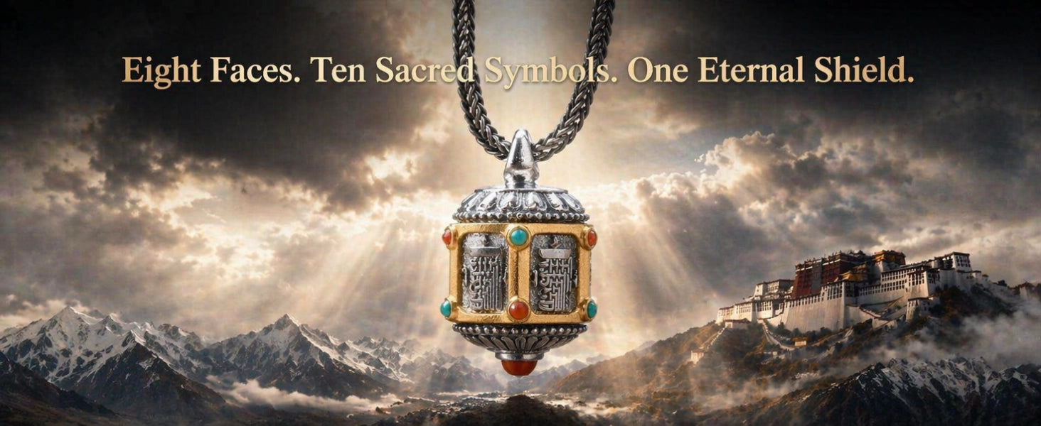 Ten Auspicious Symbols pendant detail — intricate sacred symbol carvings and surface texture — DAO Chant