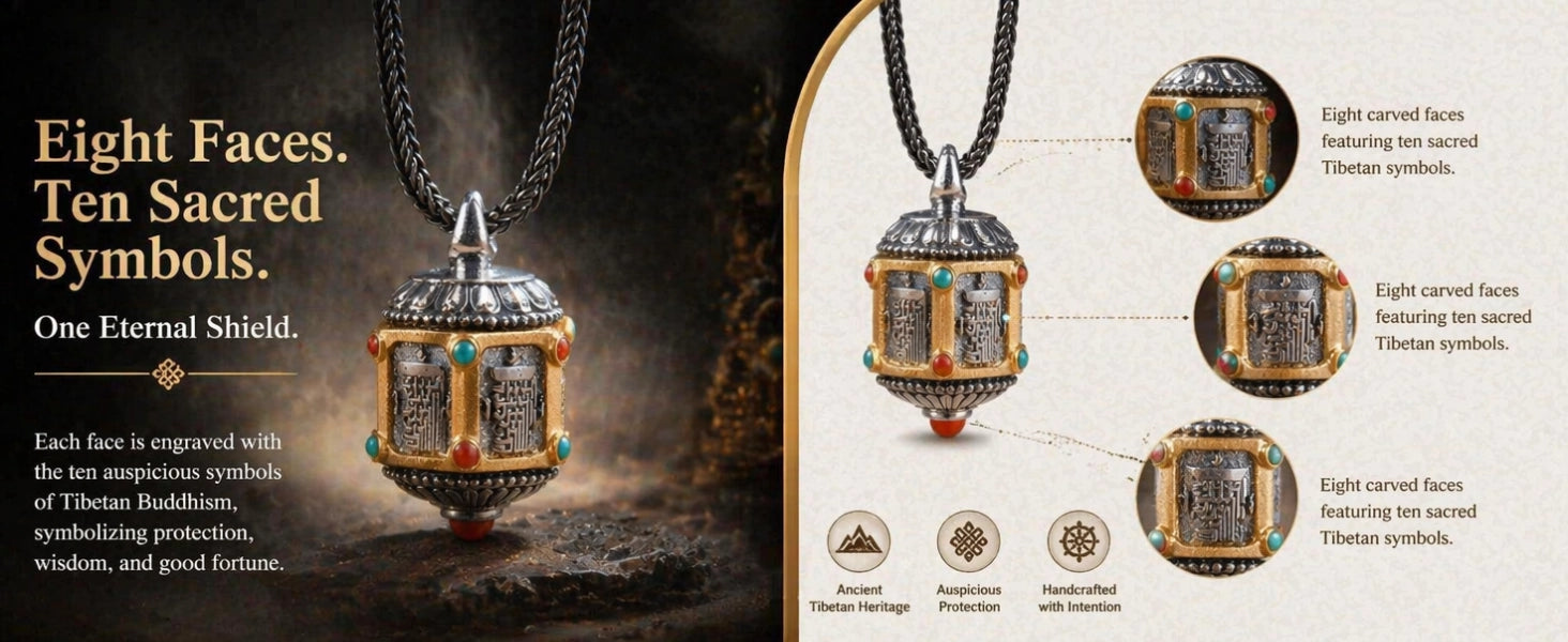 Ten Auspicious Symbols pendant close-up — enamel finish and stone inlay accent detail — DAO Chant