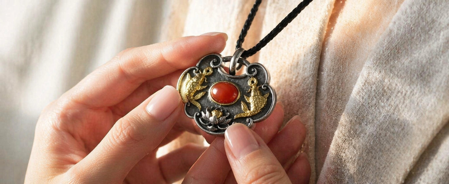 Tibetan Twin Fish Locket pendant in brass finish — warm gold-tone with aged patina — DAO Chant