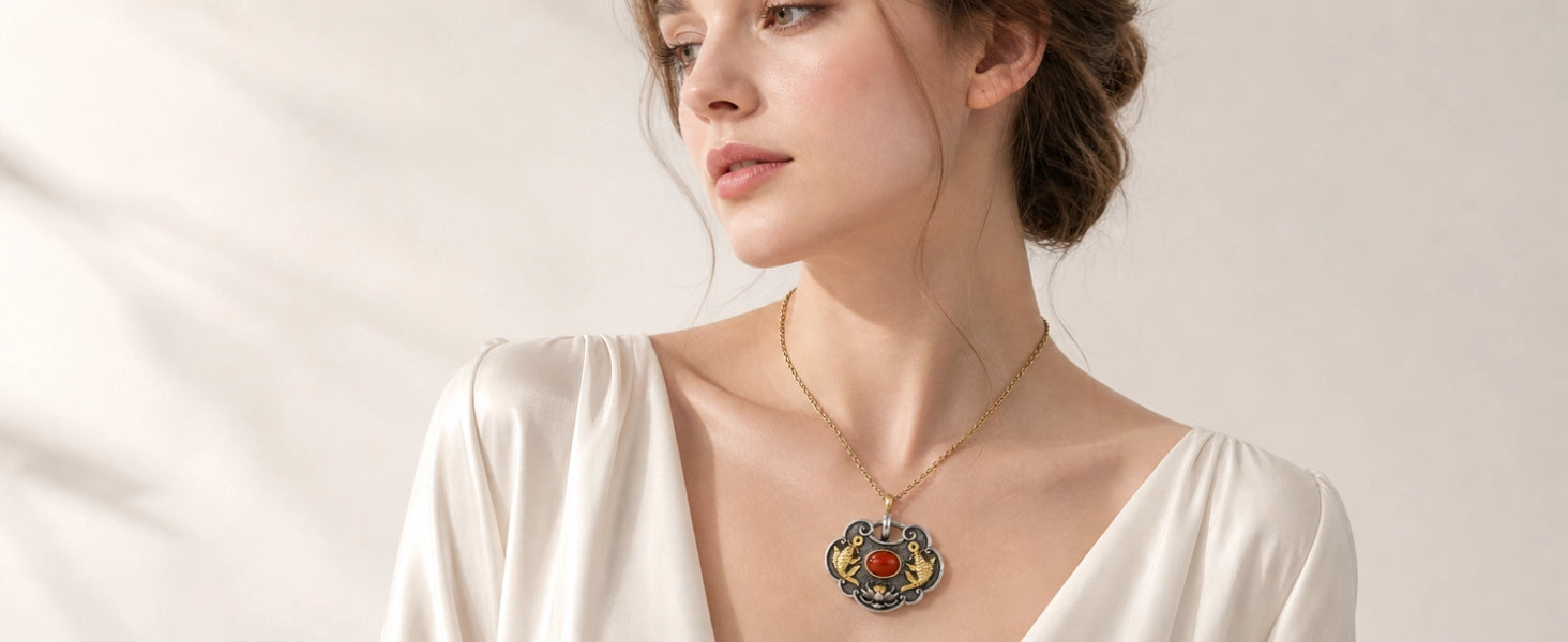 Tibetan Twin Fish Locket pendant detail — intricate twin fish relief carvings and surface texture — DAO Chant
