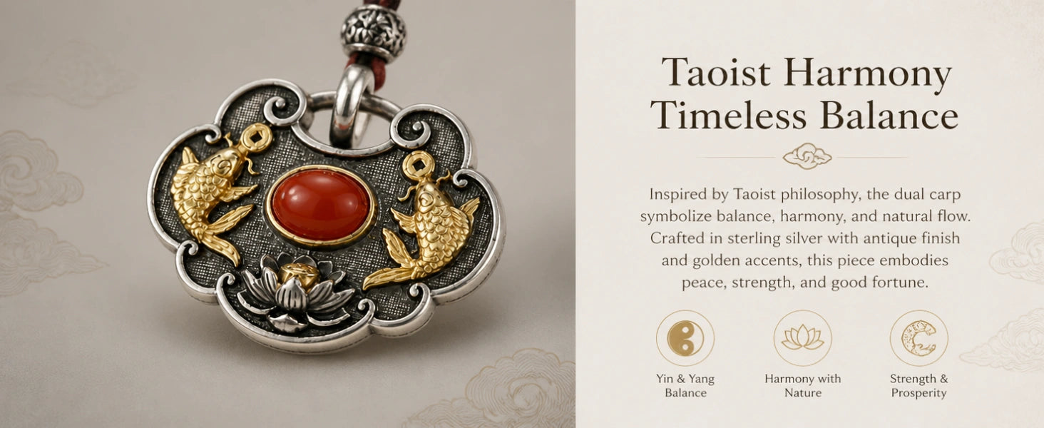 Tibetan Twin Fish Locket pendant close-up — enamel finish and stone inlay accent detail — DAO Chant