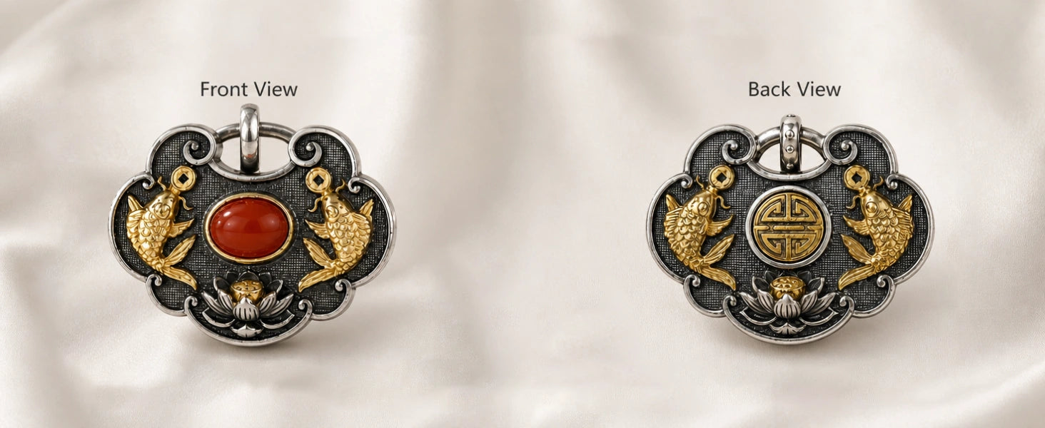 Tibetan Twin Fish Locket pendant side detail — layered relief carving and aged black finish — DAO Chant