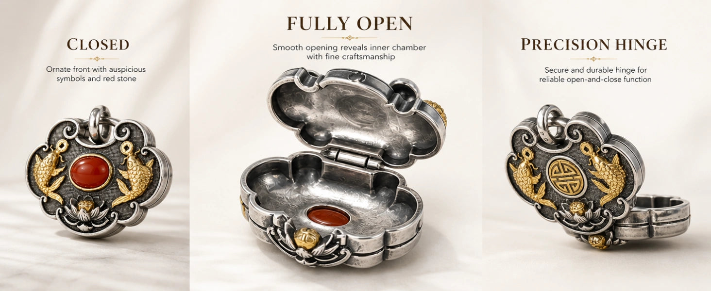 Tibetan Twin Fish Locket pendant additional detail — handcrafted artisan finish and patina — DAO Chant