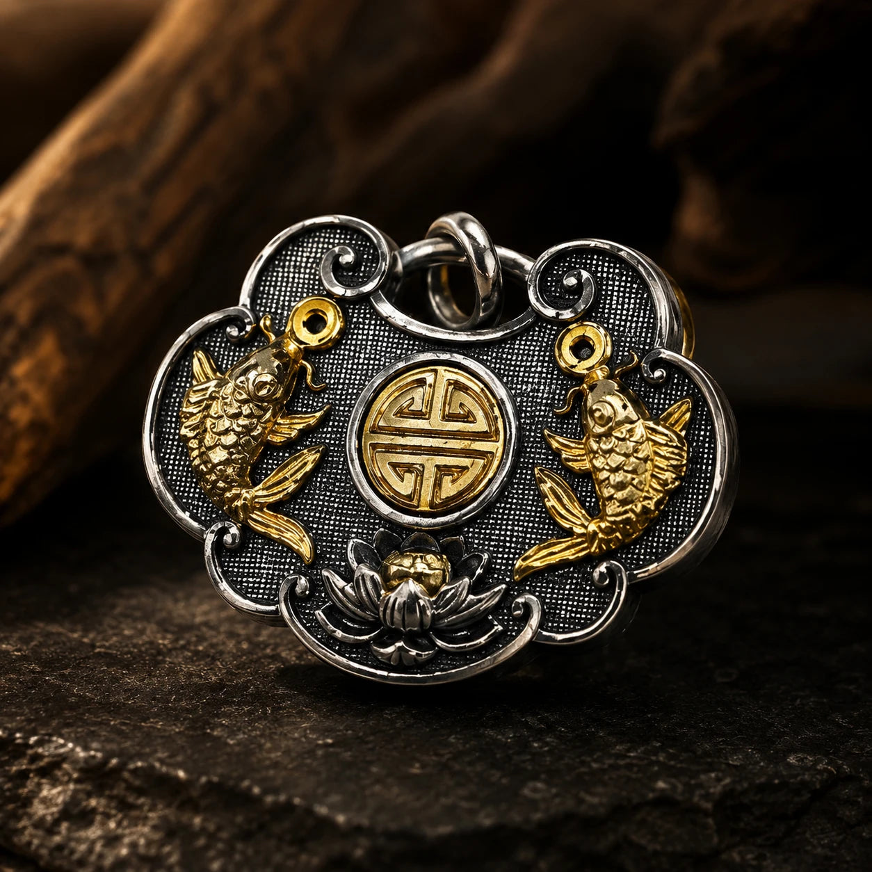 Tibetan Twin Fish Locket pendant front view — handcrafted locket charm with traditional twin fish motifs — DAO Chant