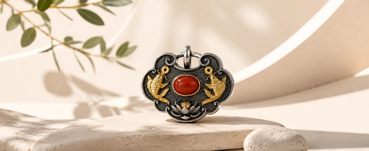 Tibetan Twin Fish Locket pendant in brass finish — warm gold-tone with aged patina — DAO Chant