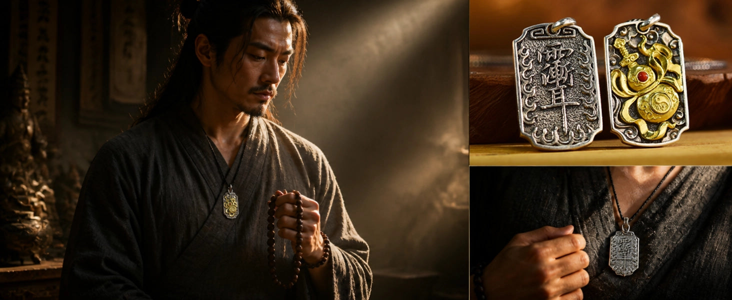 The Warding Talisman pendant in brass finish — warm gold-tone with aged patina — DAO Chant