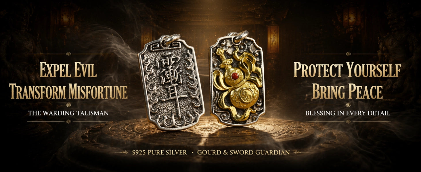 The Warding Talisman pendant detail — intricate sword and gourd relief carvings and surface texture — DAO Chant