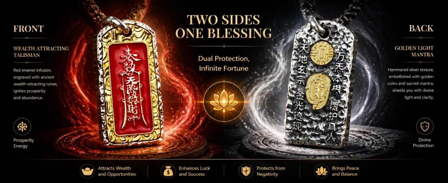 Wealth God Talisman pendant in brass finish — warm gold-tone with aged patina — DAO Chant
