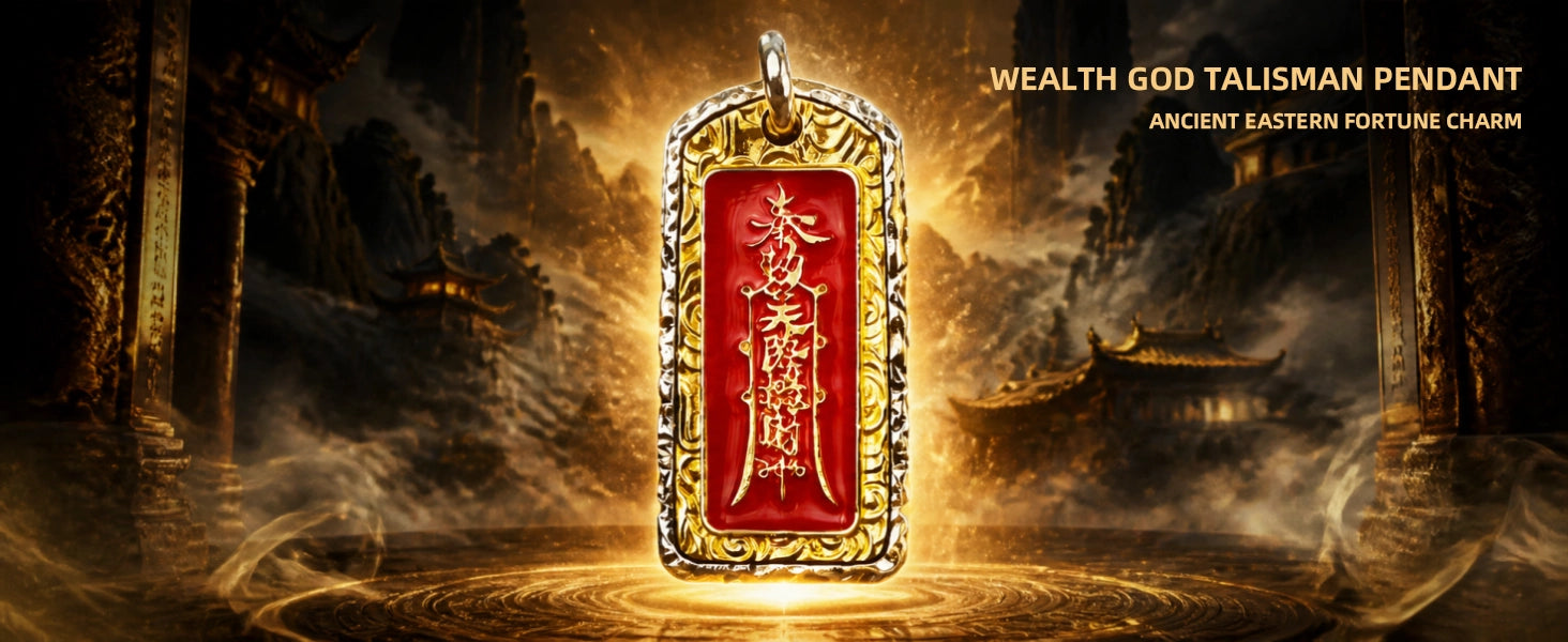 Wealth God Talisman pendant detail — intricate deity relief carvings and surface texture — DAO Chant