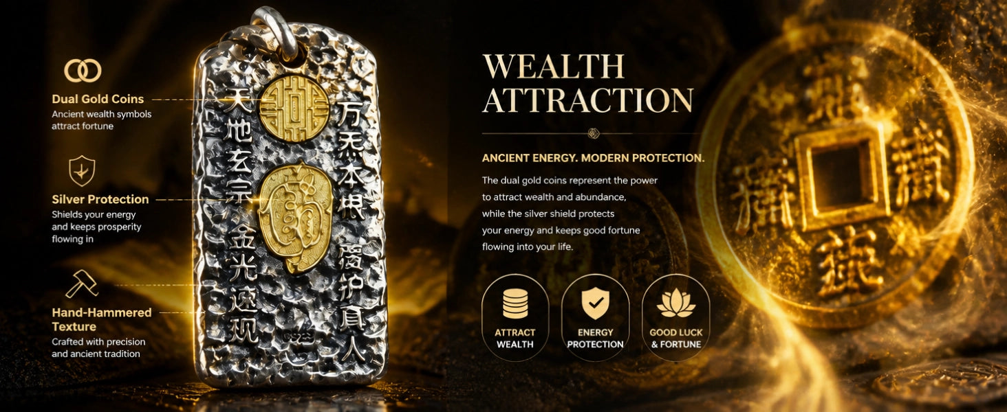 Wealth God Talisman pendant close-up — enamel finish and stone inlay accent detail — DAO Chant