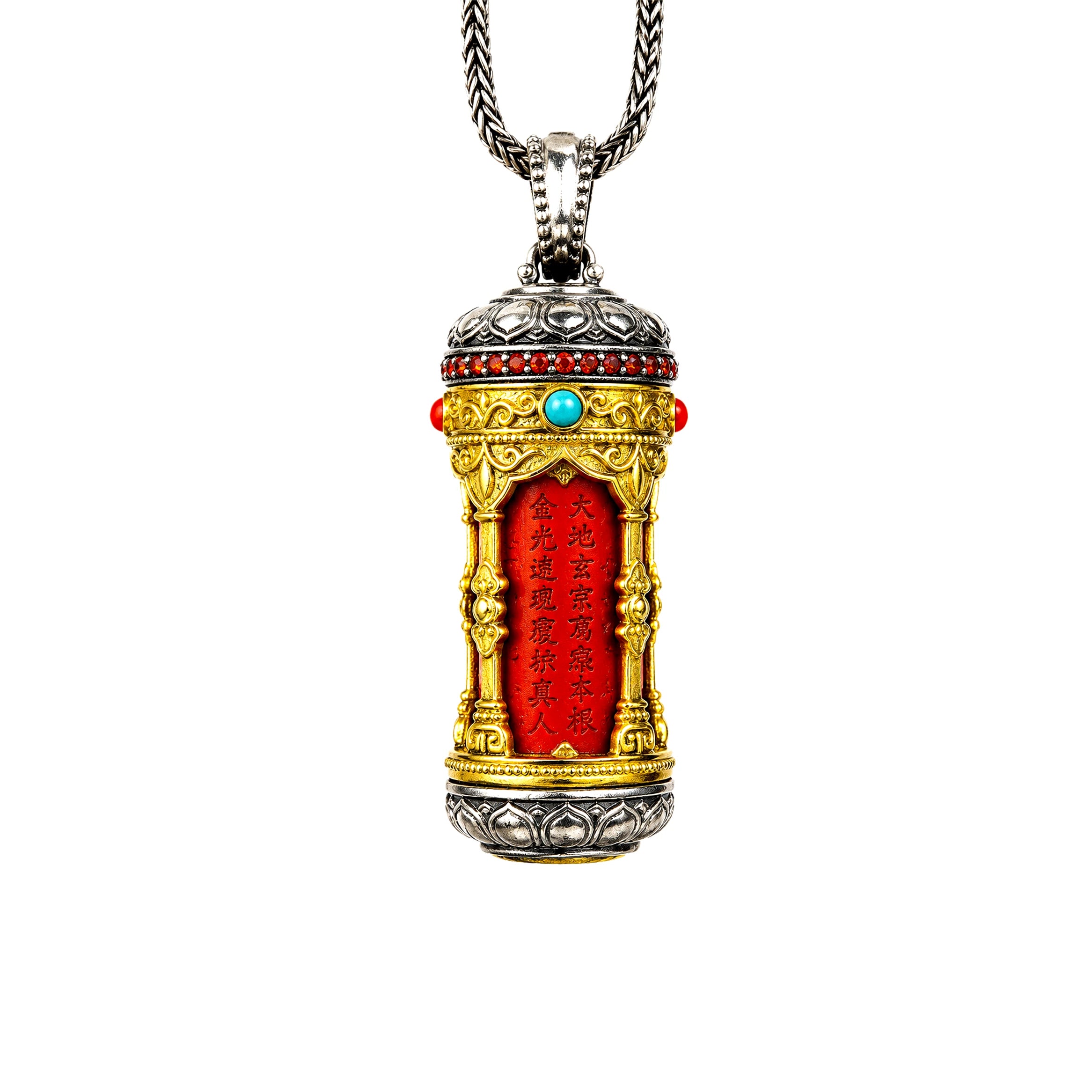 Golden Light Mantra Talisman Pendant — Sterling Silver Cinnabar variant, front view