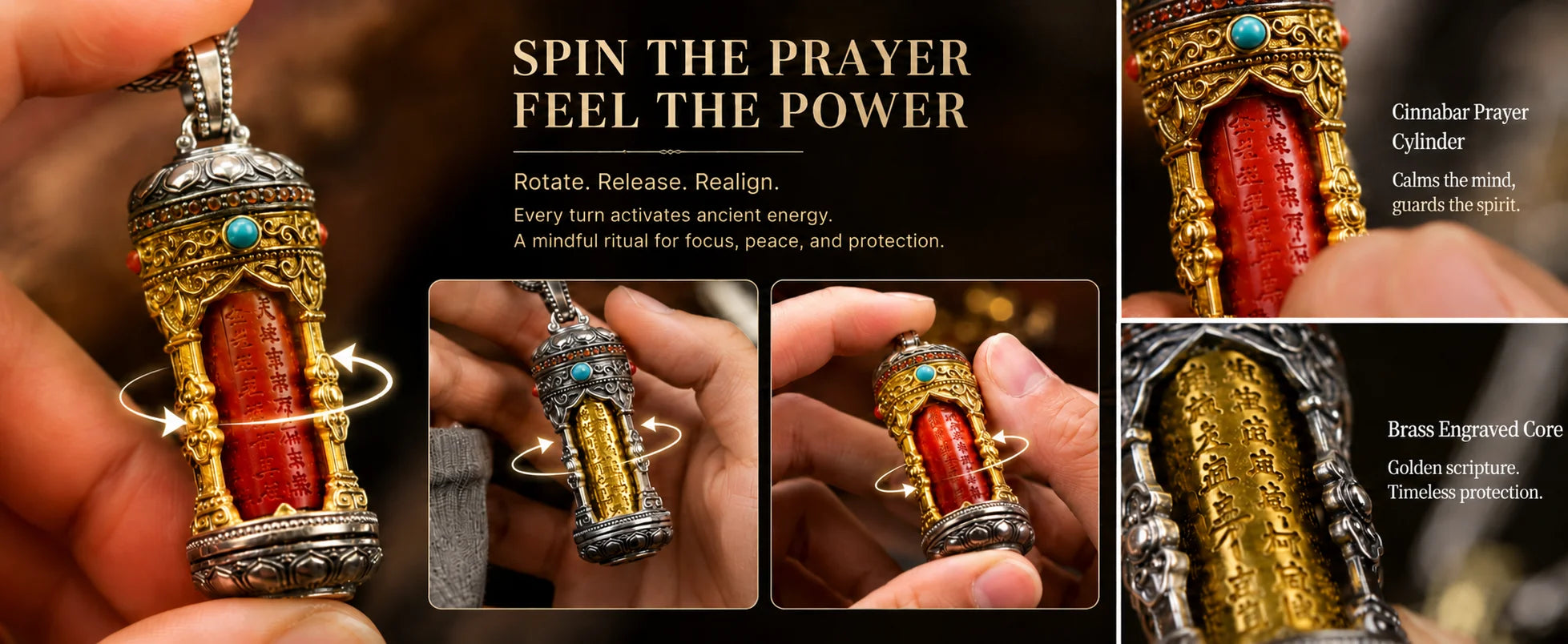 Golden Light Mantra Pendant rotating mantra column — 360° meditative spin feature