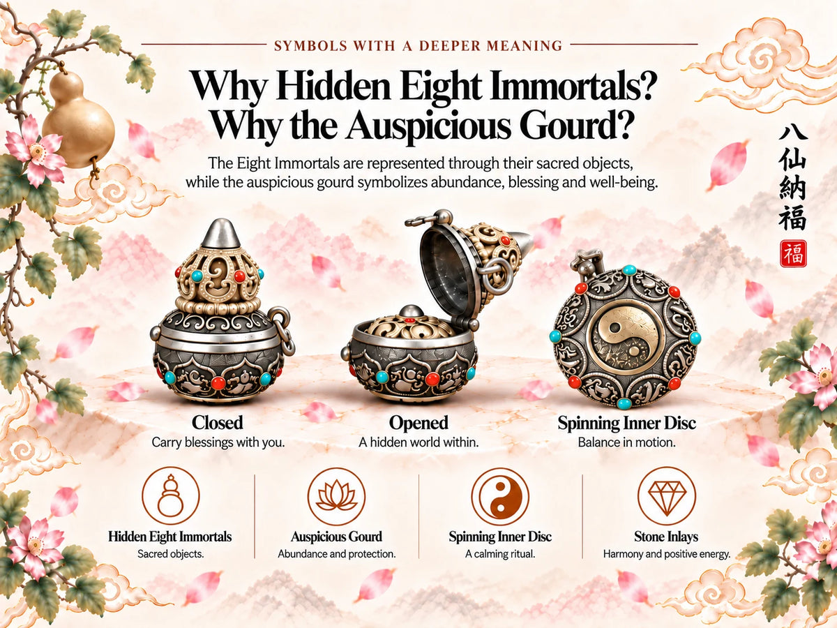 Hidden Eight Immortals, auspicious gourd, spinning inner disc, and stone inlay details