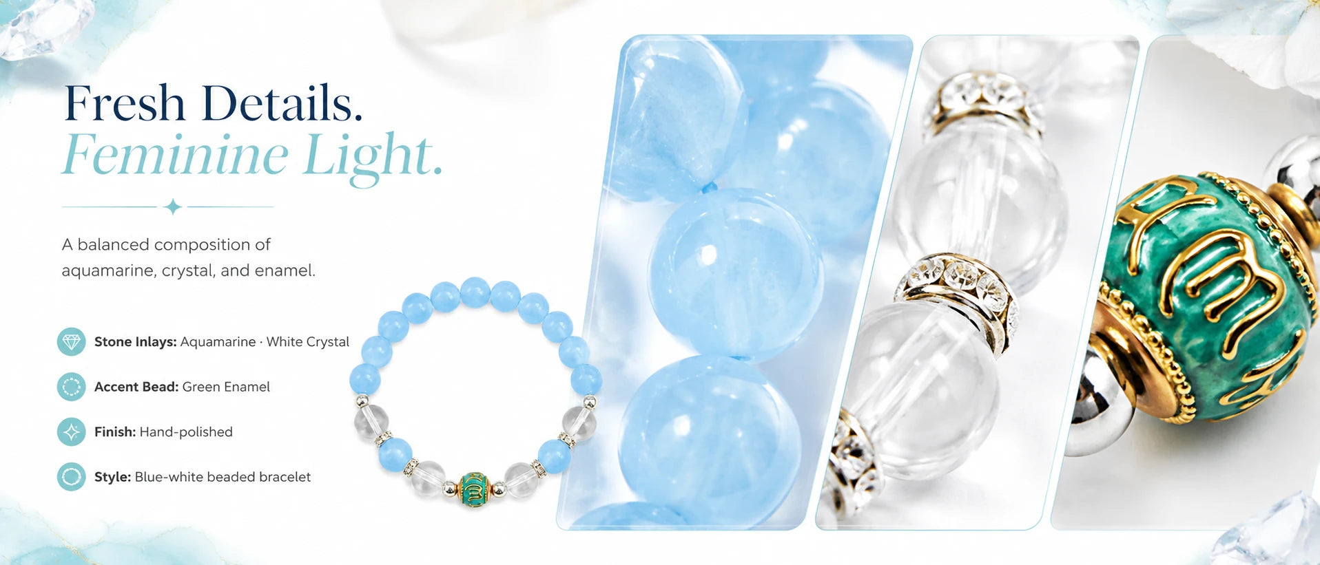 Love Fortune Aquamarine & White Crystal Enamel Bracelet — product detail view