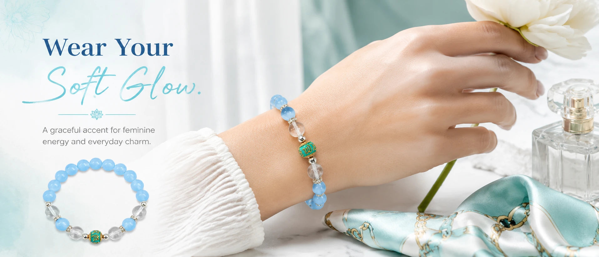 Love Fortune Aquamarine & White Crystal Enamel Bracelet — wrist wear detail