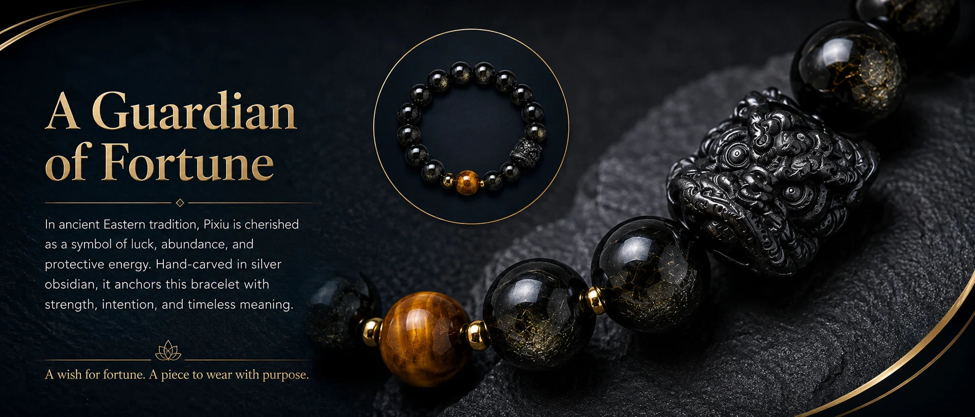Lucky Pixiu Tiger Eye & Silver Obsidian Bracelet — product feature highlights