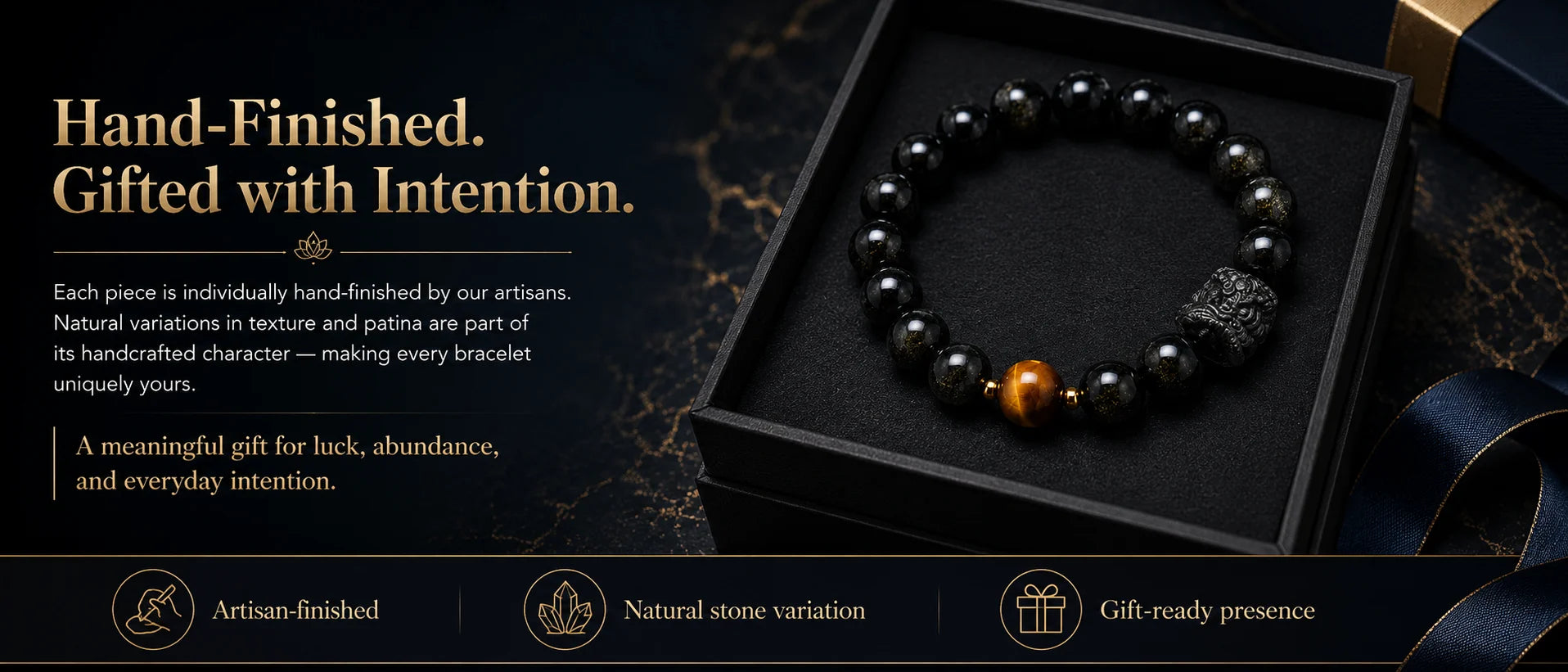 Lucky Pixiu Tiger Eye & Silver Obsidian Bracelet — gift presentation