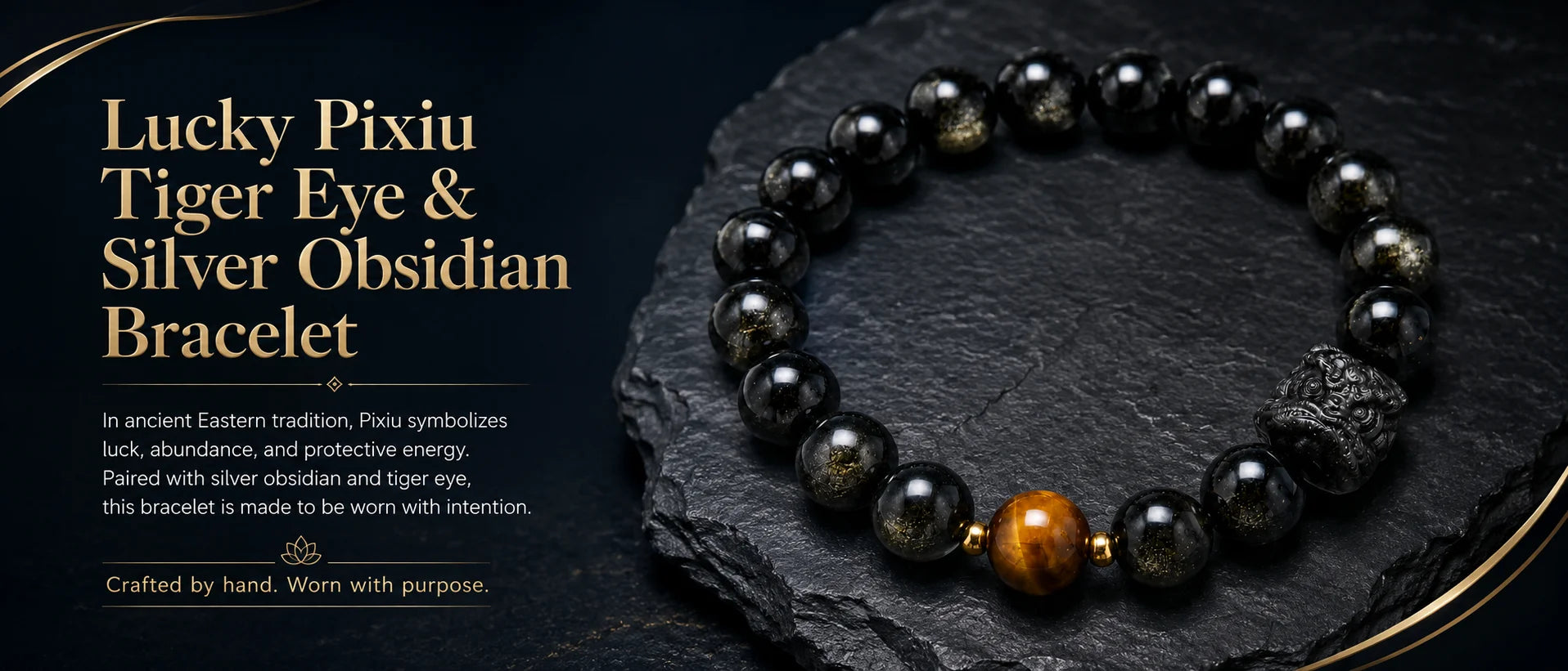 Lucky Pixiu Tiger Eye & Silver Obsidian Bracelet — key visual