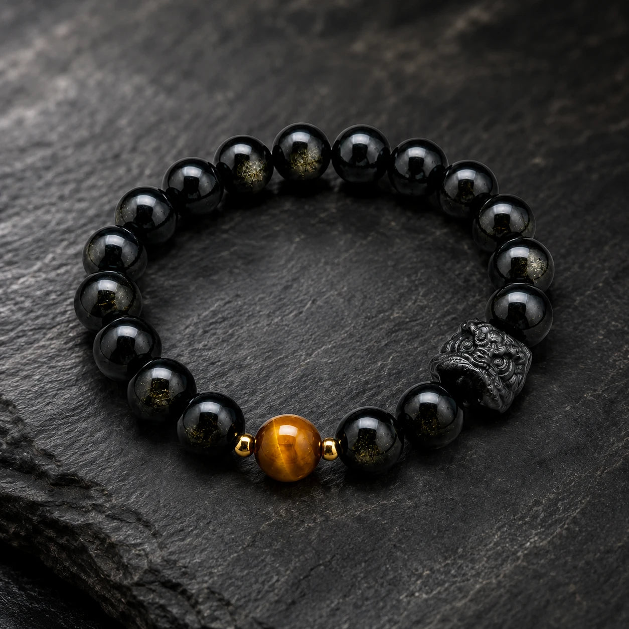 Lucky Pixiu Tiger Eye & Silver Obsidian Bracelet — alternate main view
