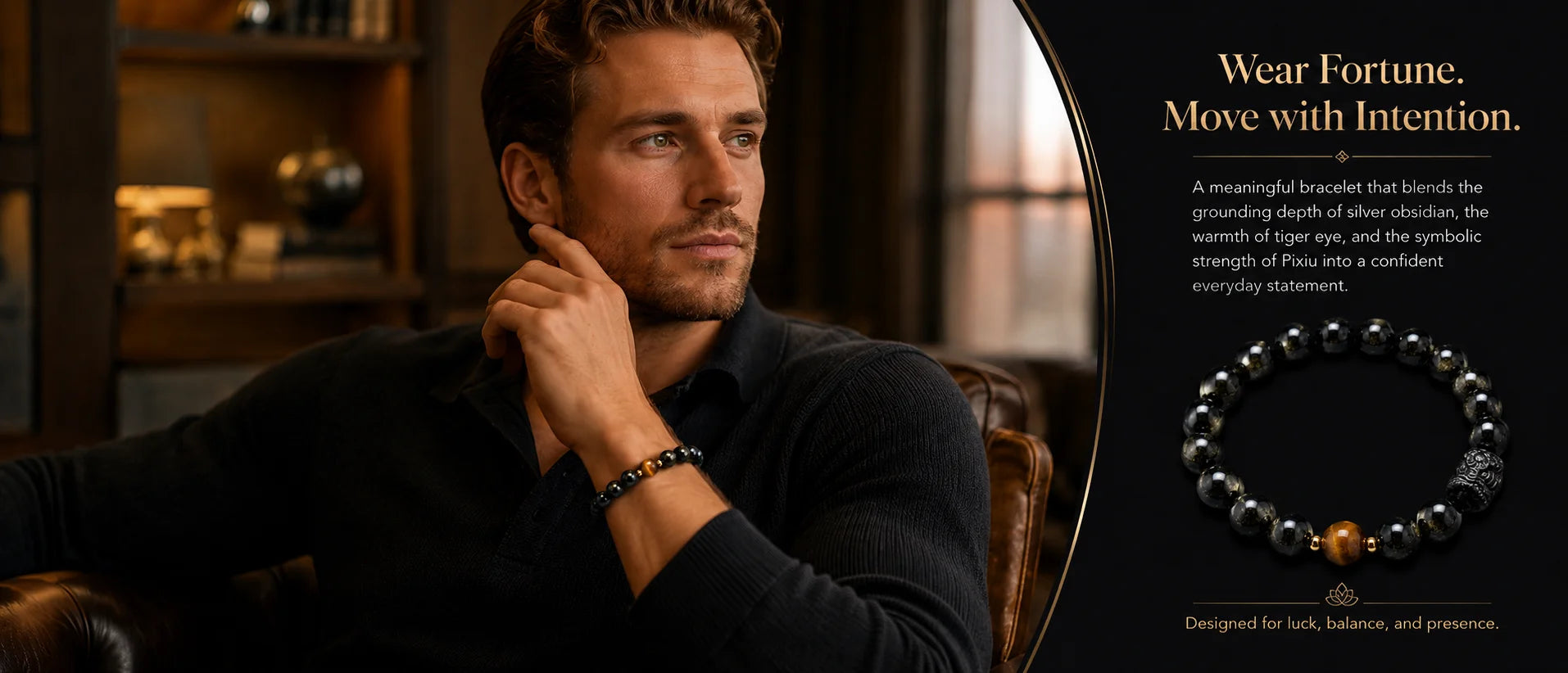 Lucky Pixiu Tiger Eye & Silver Obsidian Bracelet — model wearing bracelet