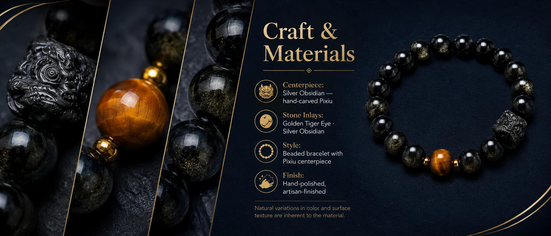 Lucky Pixiu Tiger Eye & Silver Obsidian Bracelet — product detail view