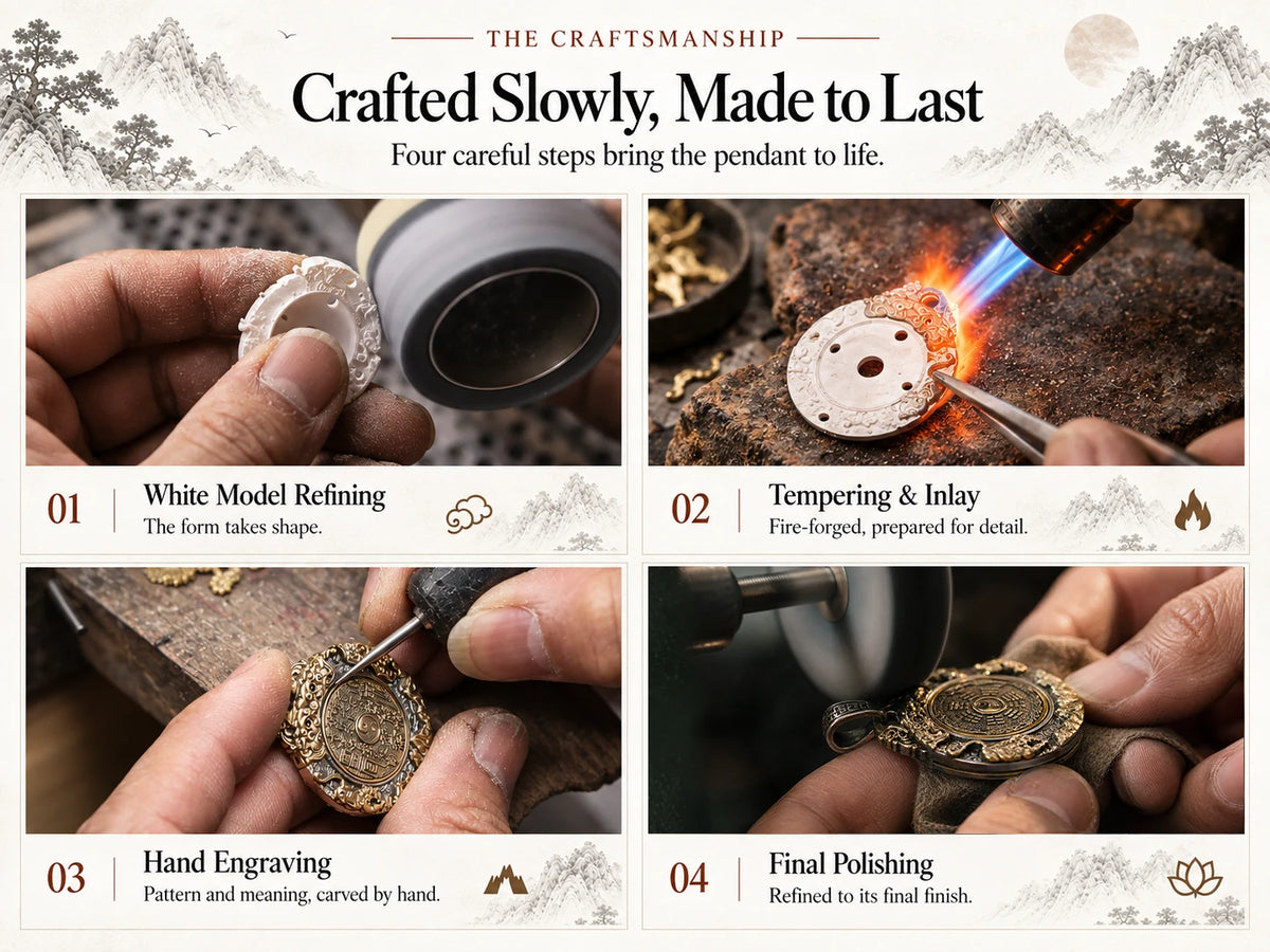 Four stages of craftsmanship for the Mountain Spirit Yin Yang Bagua pendant