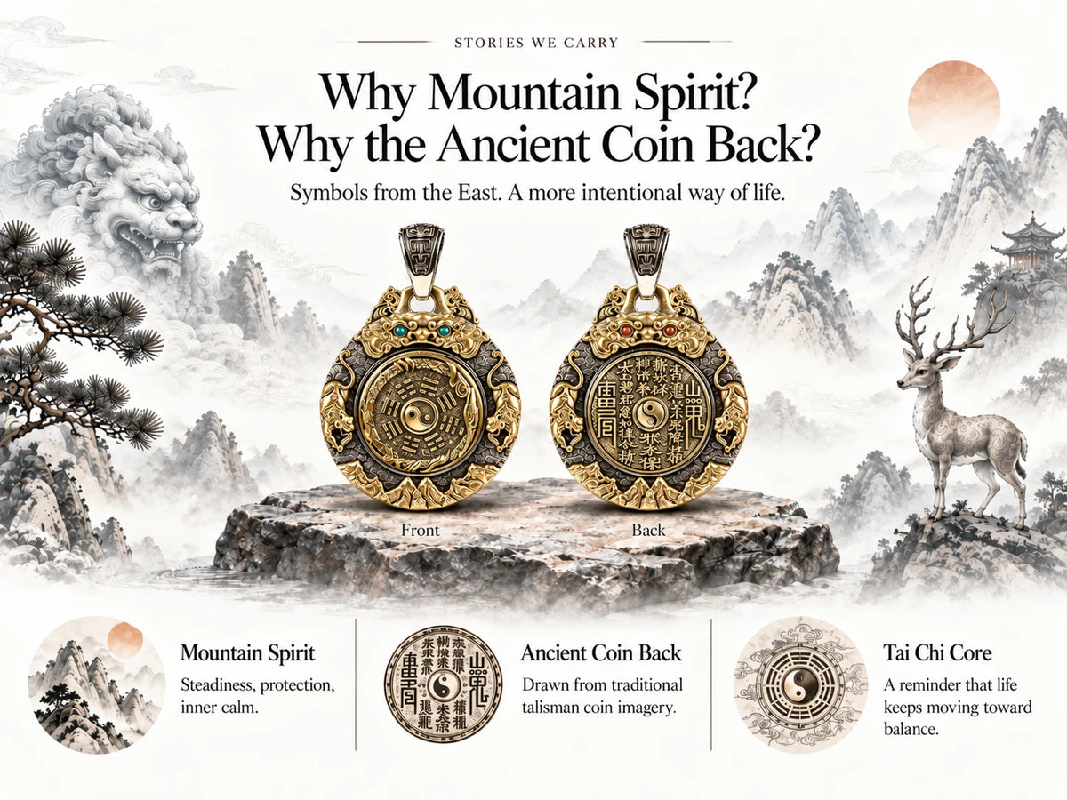 Mountain Spirit pendant reverse side inscription and rotating Tai Chi core