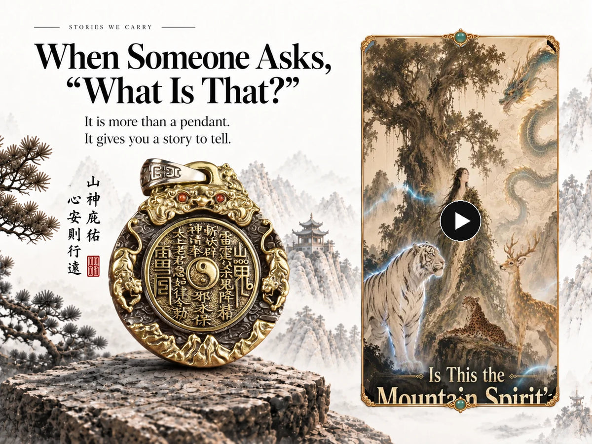 Mountain Spirit pendant story panel with the current DaoChant video cover