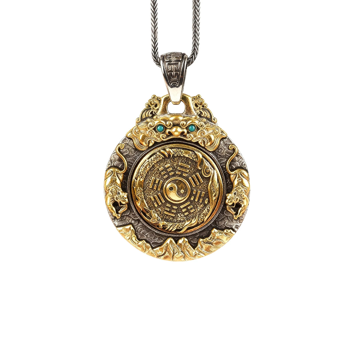 Mountain Spirit Yin Yang Bagua necklace with spinning Tai Chi center, front view