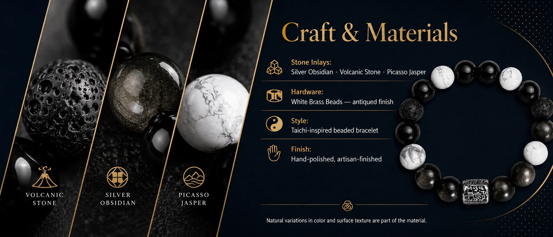 Taichi Balance Silver Obsidian & Picasso Jasper Bracelet — material detail view