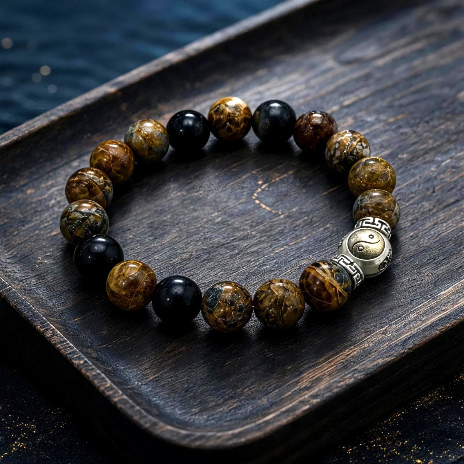 Taichi Wealth Silver Obsidian & Yellow Pietersite Bracelet — alternate main view