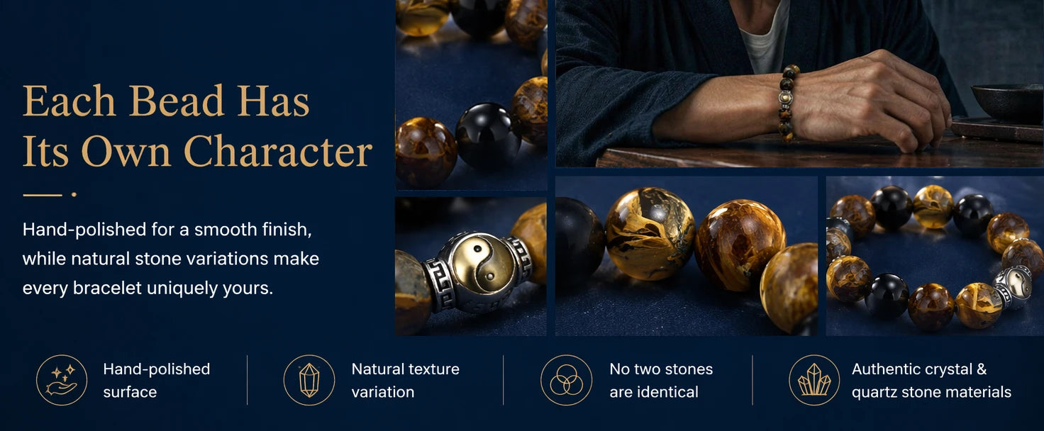Taichi Wealth Silver Obsidian & Yellow Pietersite Bracelet — material detail view