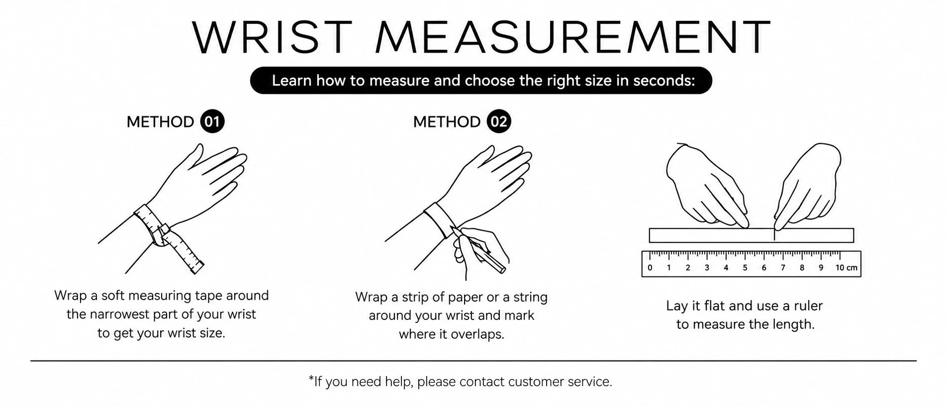 Wrist measurement guide showing how to measure bracelet size with a soft measuring tape, paper strip, string, and ruler.