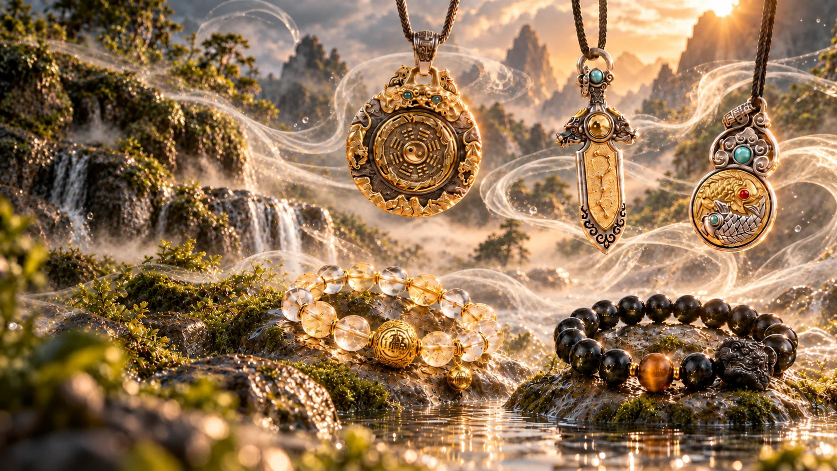 Daoist-inspired jewelry by DaoChant in a mountain landscape