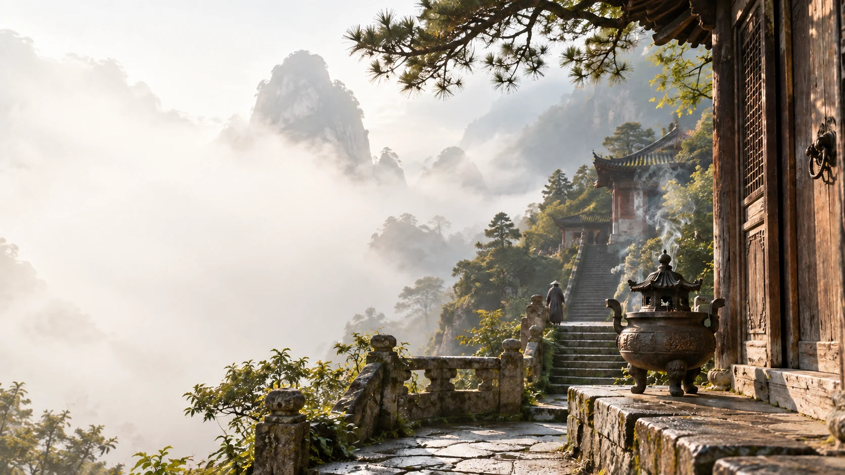Mountain temple landscape inspired by Daoist cultivation