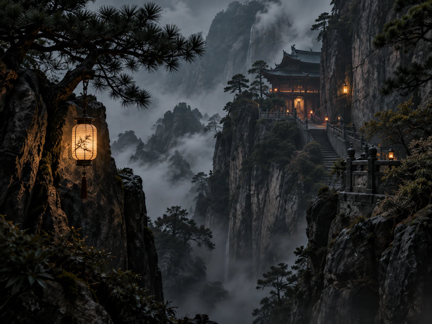 A lantern-lit Taoist mountain temple above the clouds