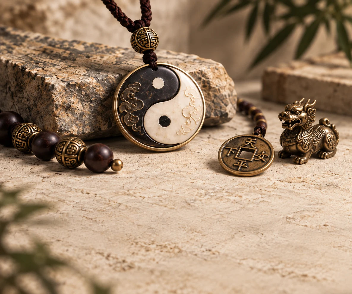 A DaoChant Tai Chi pendant displayed with symbolic bronze objects