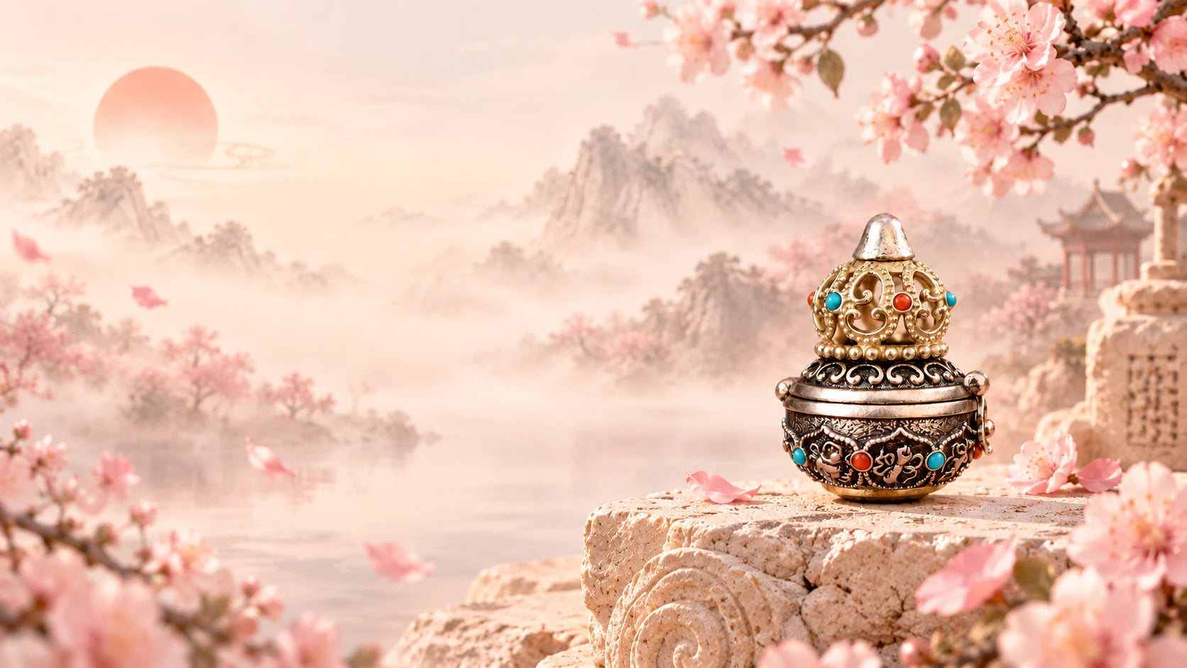 Auspicious Gourd Charm in a blossom mountain landscape