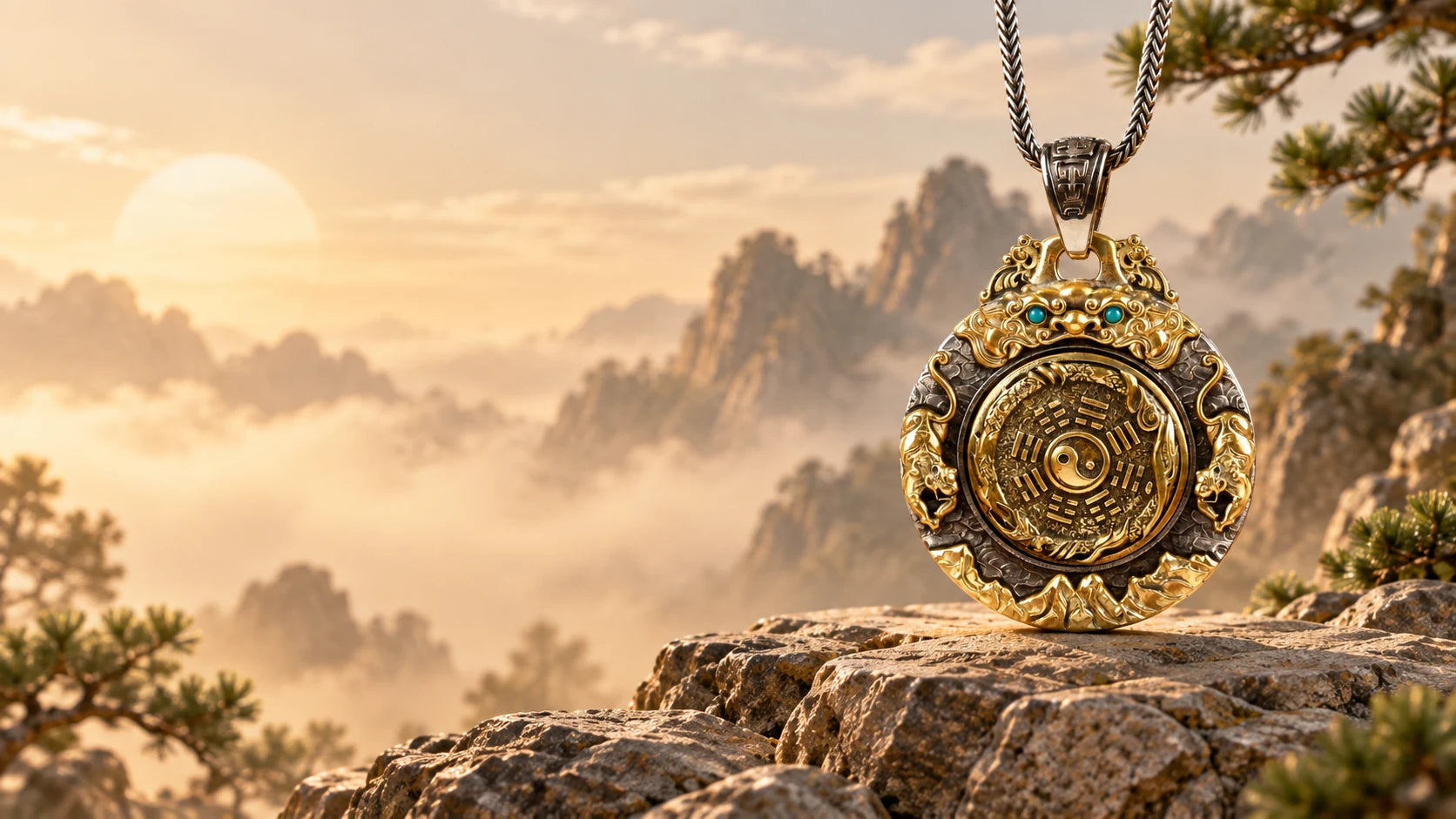 Mountain Spirit Bagua pendant in a golden mountain landscape